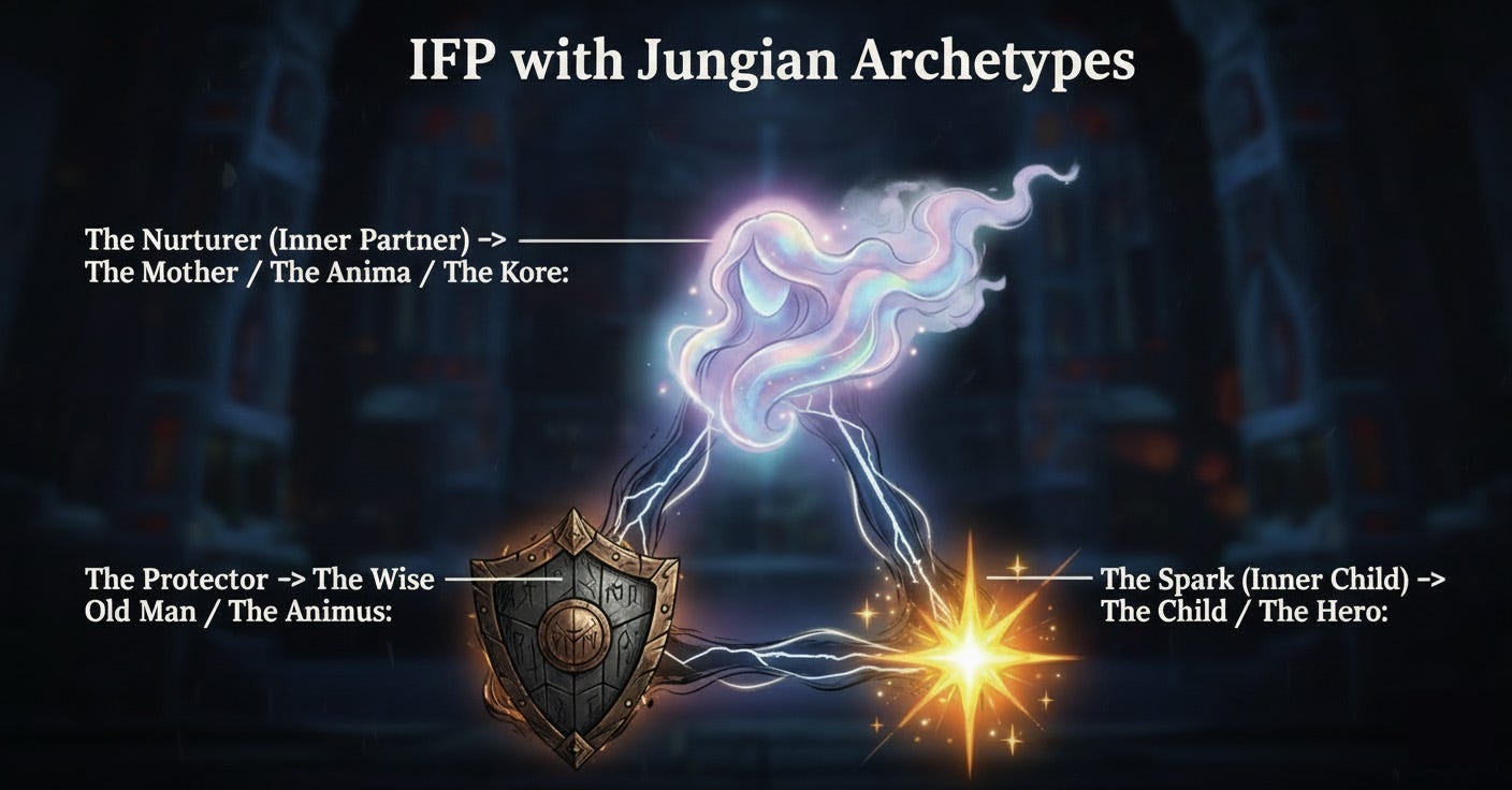 IFP Diagram -  Jungian Archetypes Formations on Inner Family - The Nurturer[The Wise Mother, The Anima, The Kore(Maiden)]   The Protector[The Wise Old Man, The Animus] - The Spark(Inner child)[The Child, The Hero]