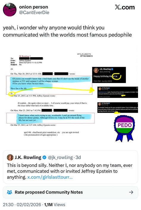 A selection of the various conspiracy theories concerning J.K. Rowling & Jeffrey Epstein