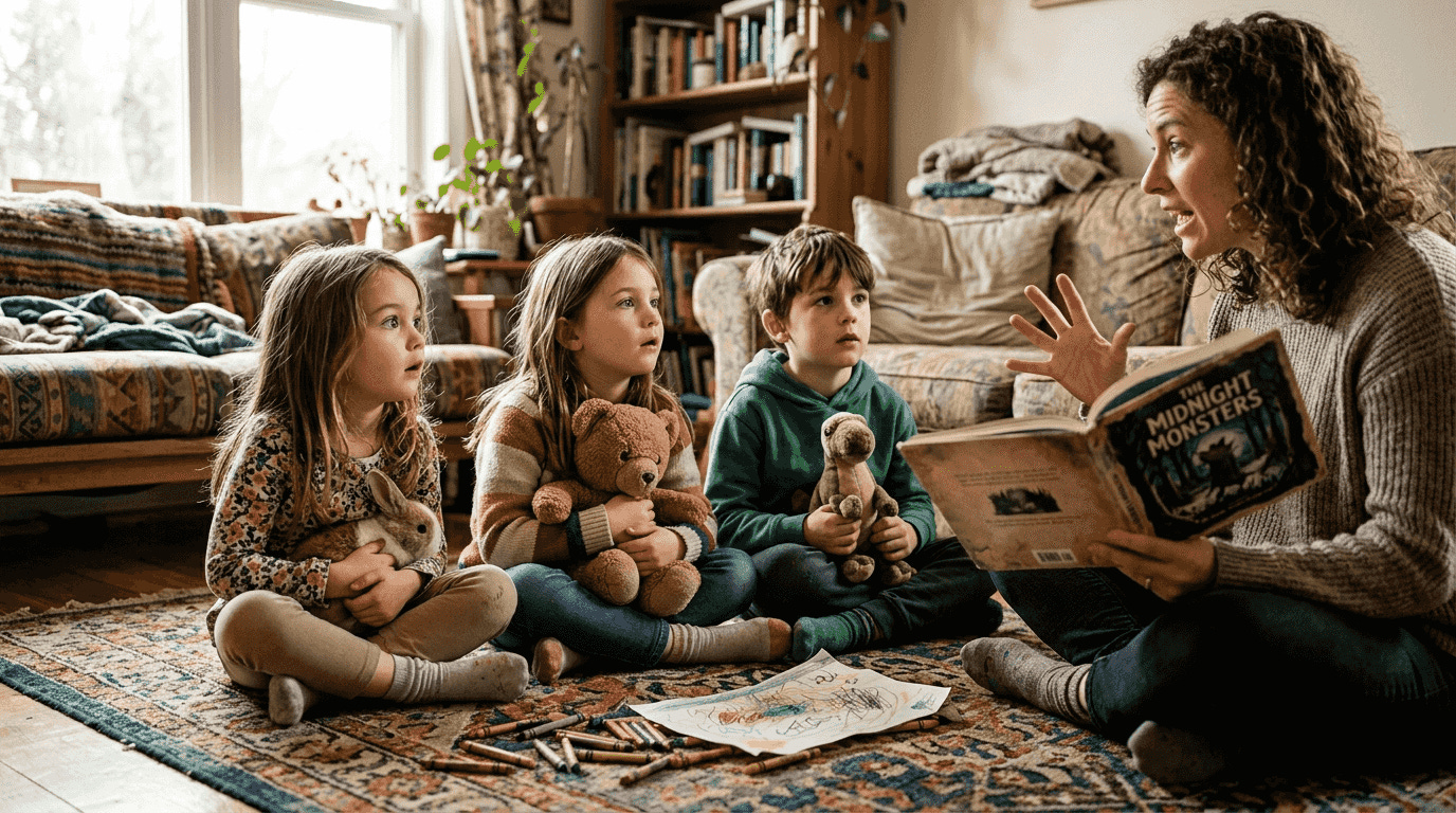 Children listening to scary story at home Children listening to scary story at home
