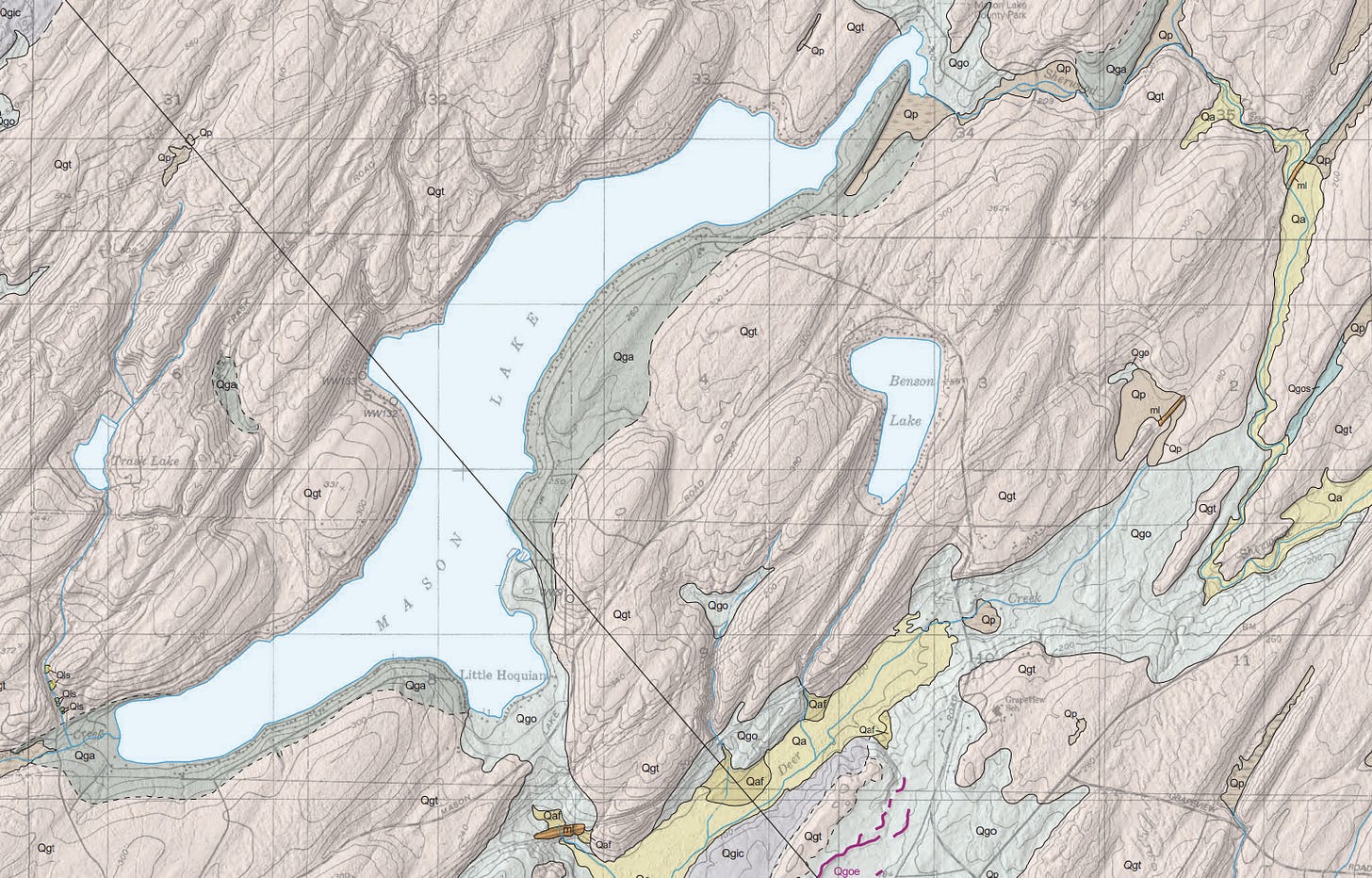 Geologic map around the lake also shows topographic features caused by glaciation