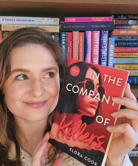 Photos of Elora holding an advanced copy of In the Company of Killers and one flatlay photo of all her advanced copies of the book.