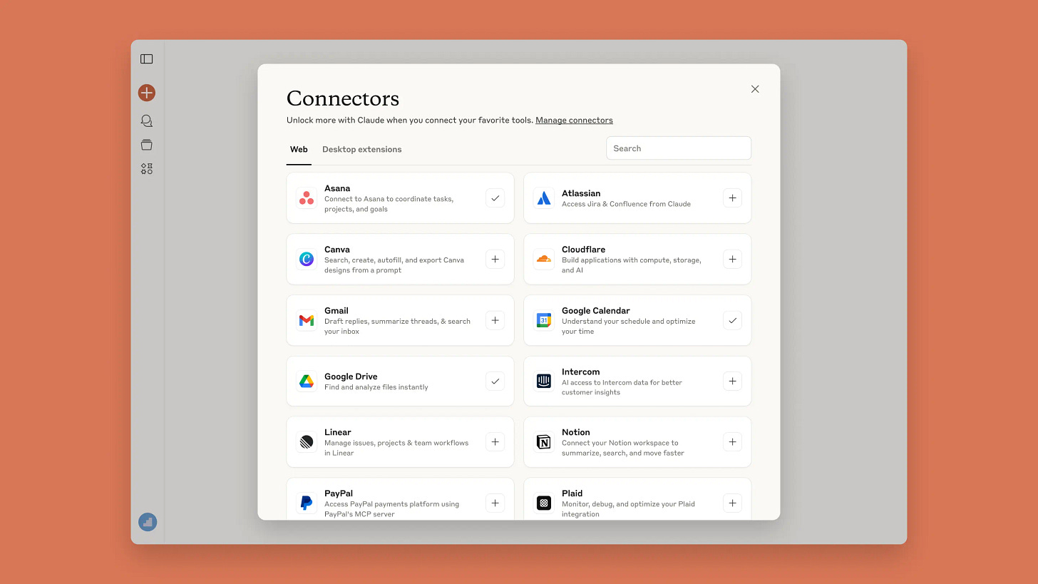Screenshot of a connectors dialog box in Claude app, showing various tools and services users can explore and connect to Claude. 