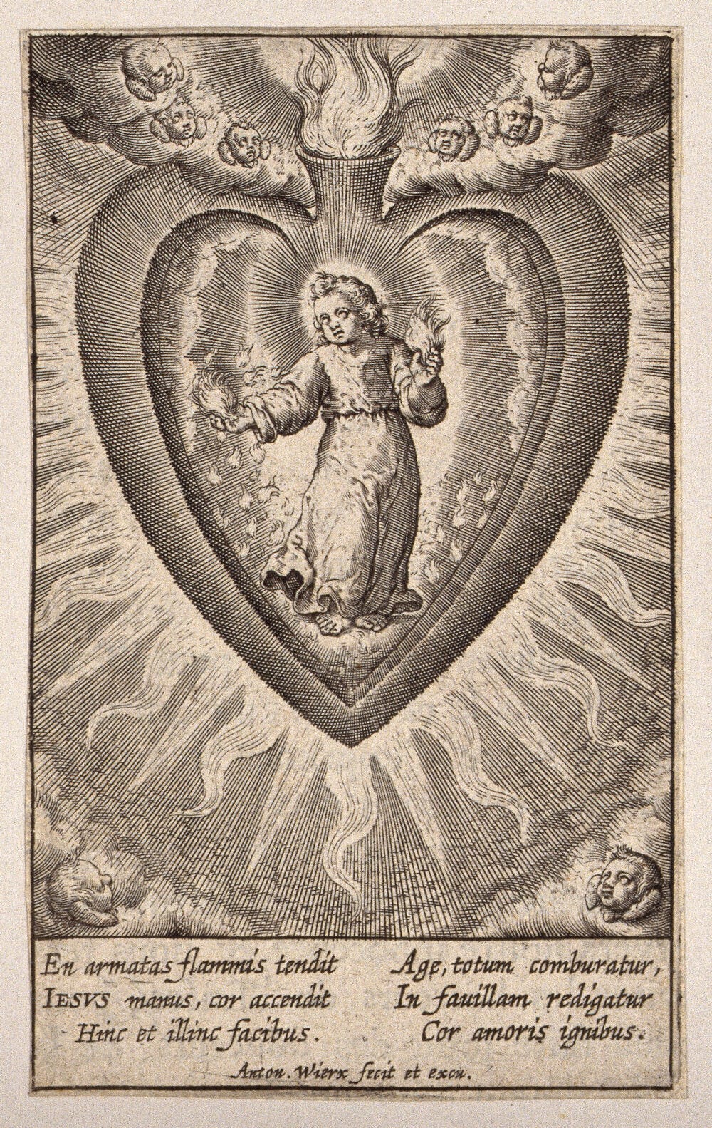 “The Christ Child setting alight the believer's heart with the fire of his wounds.” Engraving by A. Wierix, ca. 1600.