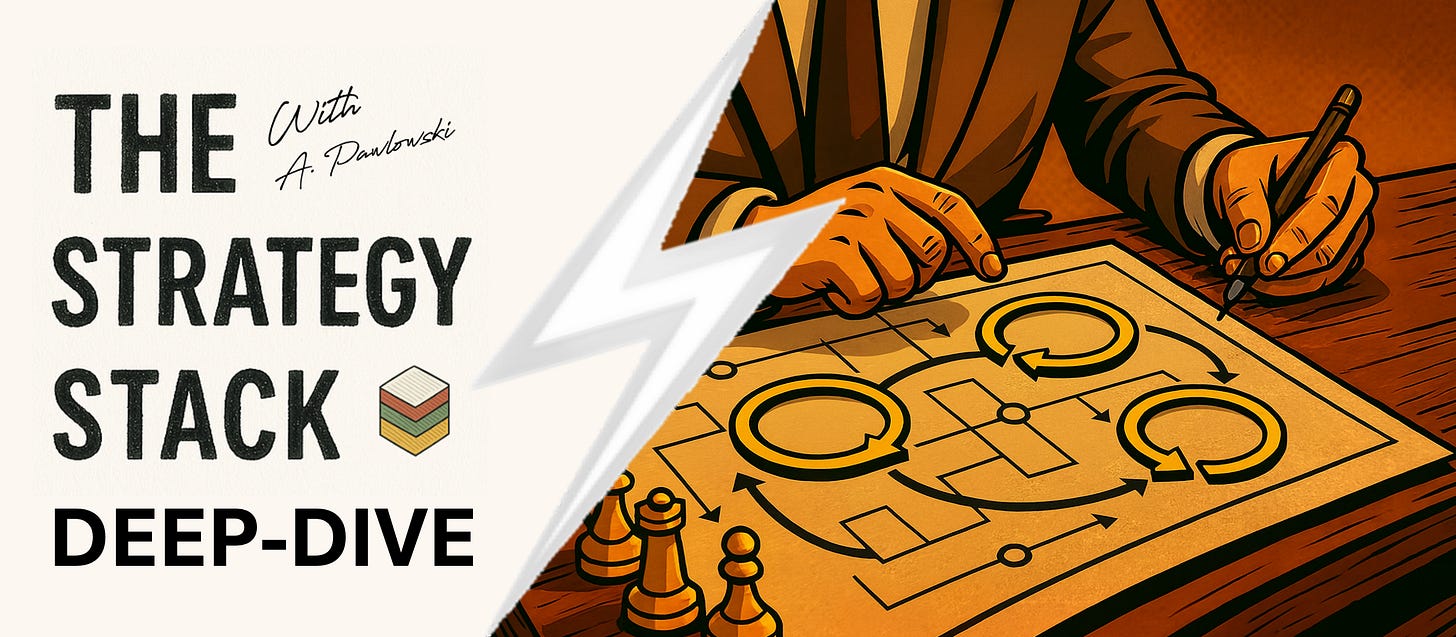Illustration of a strategist in a suit arranging interconnected flywheel diagrams on a table, symbolizing engineered growth loops in AI platforms.