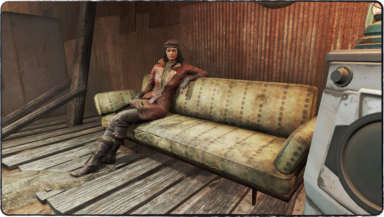 A screenshot from Fallout 4 of Piper chilling on a couch in her home/office!
