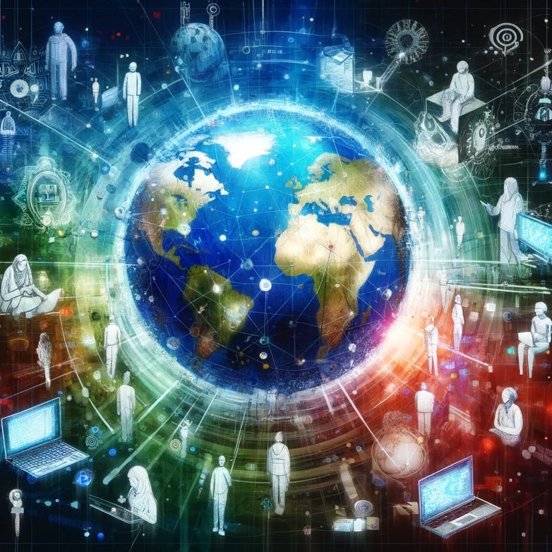 A visual representation of a global network of individuals connected by the convergence of software development. The image shows a digital globe in the center, with lines connecting different points on the map, symbolizing a worldwide network. Around the globe, diverse figures (abstract, gender-neutral) are depicted using computers and digital devices, representing software developers from various cultures and regions. The atmosphere is vibrant with digital elements like code streams and network connections, emphasizing a sense of global collaboration and innovation in technology. The color palette includes bright blues, greens, and whites to reflect a modern, technological theme.