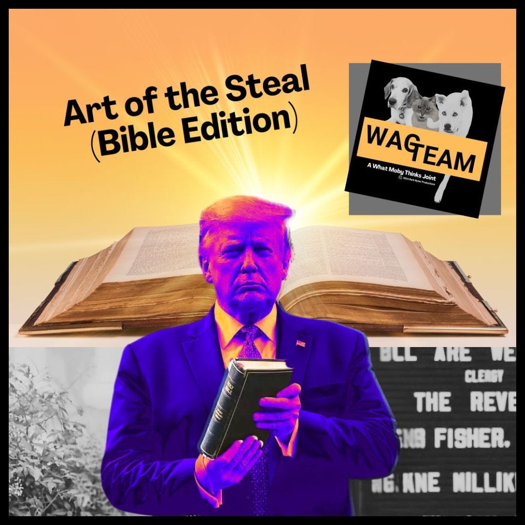 A surreal photo-illustration showing a neon-colored figure holding a Bible against a giant open Bible backdrop, titled 'Art of the Steal (Bible Edition)'. The figure glows in otherworldly purple and orange hues, suggesting either divine inspiration or really good spray tan. The WAG TEAM pets watch skeptically from their corner, probably wondering if 'Thou shalt not steal' is still in the final edit.