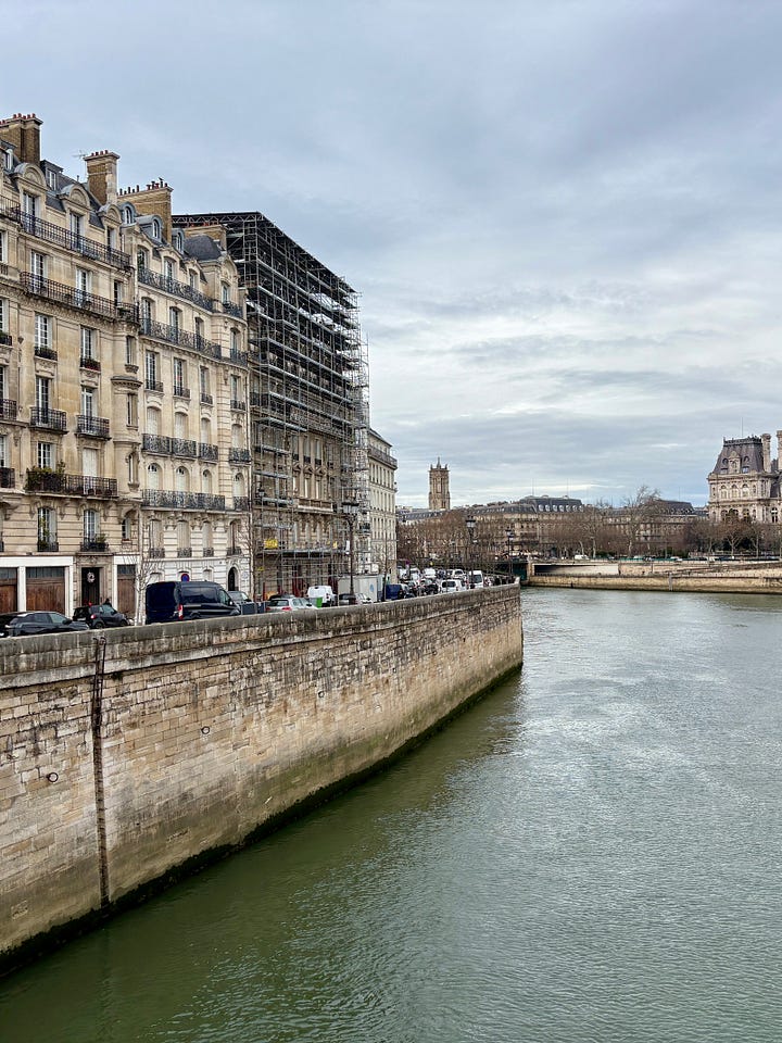 Two views of the Quai aux Fleurs on the Île de la Cité, showing historic buildings along the stone embankment beside the Seine, with Notre-Dame visible behind the buildings in the first image.