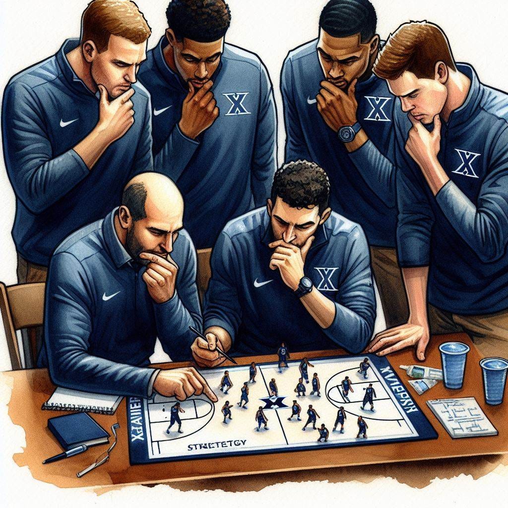 Xavier University basketball team plotting a strategy on a notepad, watercolor