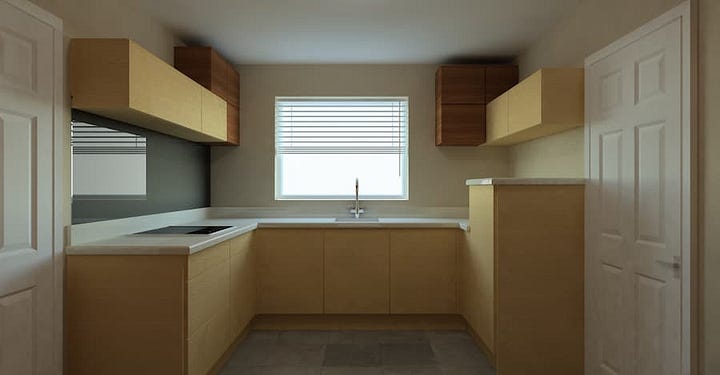 Modern kitchen design computer generated showing the front and back of the kitchen
