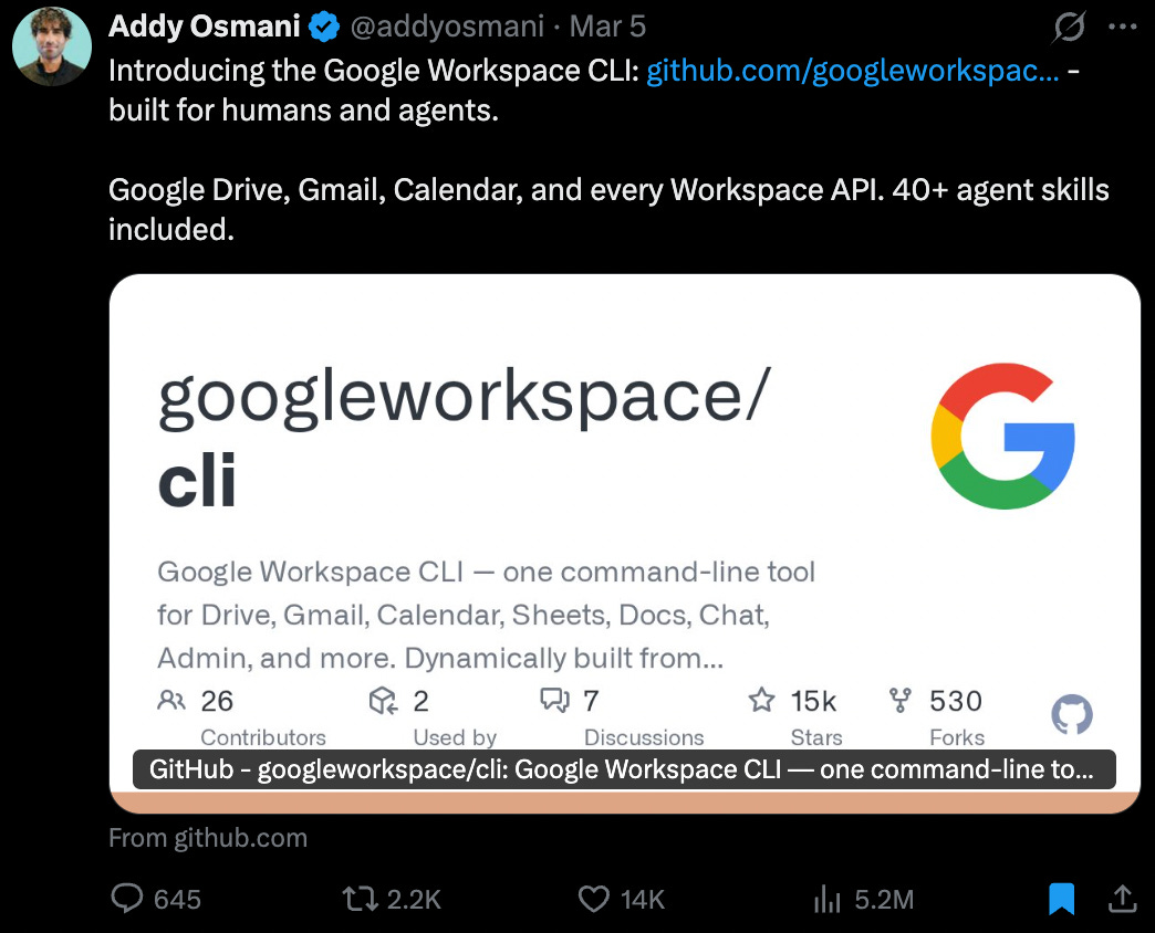 A tweet by Addy Osmani announcing the release of Google Workspace CLI
