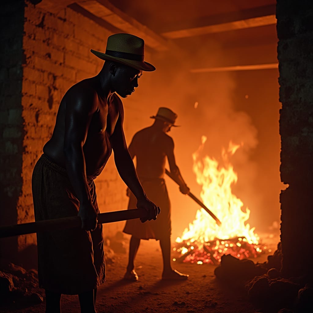 18th-century Jamaican foundry workers in worn, earth-toned clothing, hammering away at glowing hot metal, amidst a bustling Morant Bay foundry, pioneers a groundbreaking technique for mass-producing wrought iron from scrap iron, as sunlight filters through the thatched roof, casting dramatic shadows, in a warm, golden light