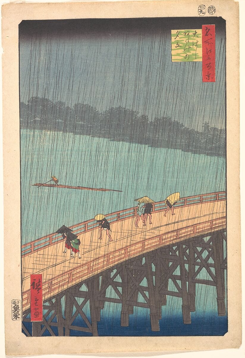 Sudden Shower over Shin Ohashi Bridge by Hiroshige, travelers crossing a wooden bridge under crisscrossing rain Sudden Shower over Shin Ohashi Bridge by Hiroshige, travelers crossing a wooden bridge under crisscrossing rain