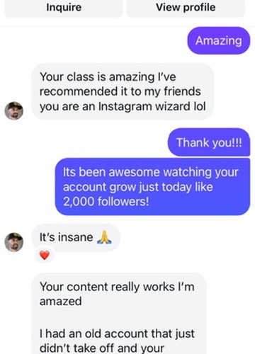 Instagram Edge student message showing 2,000 followers gained in one day after using the strategy Instagram Edge student message showing 2,000 followers gained in one day after using the strategy