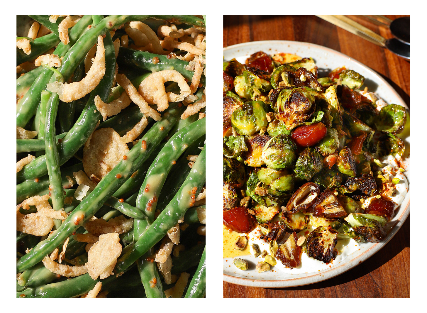 Left: Green Beans with Roasted Garlic-Mustard Dressing; Right: Brussels Sprouts with Dates & Pistachios