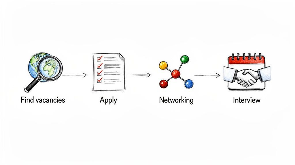 A simple flowchart illustrating the job search process: finding vacancies, applying, networking, and interviewing. A simple flowchart illustrating the job search process: finding vacancies, applying, networking, and interviewing.
