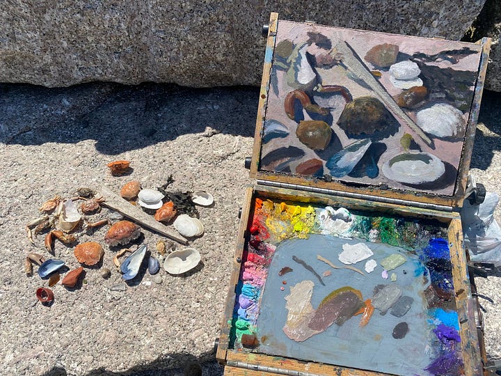 In the podcast, we discuss Alex's book "Bowlfuls of Blue," Brad's painting of shells!