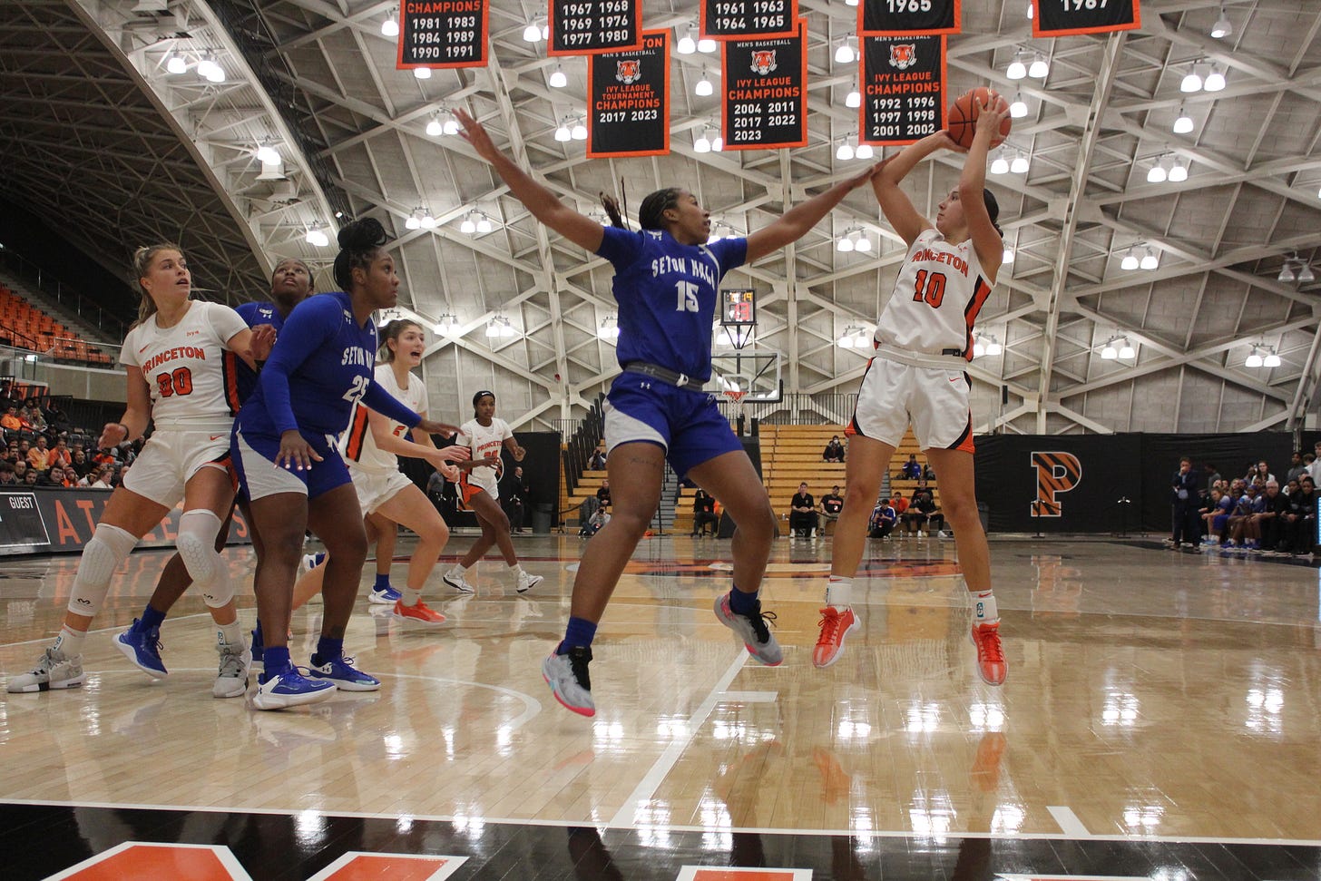 Princeton freshman Skye Belker (10) shoots over Seton Hall’s Azana Baines (15) at Jadwin Gym on Nov. 29, 2023. (Photo by Adam Zielonka) Princeton freshman Skye Belker (10) shoots over Seton Hall’s Azana Baines (15) at Jadwin Gym on Nov. 29, 2023. (Photo by Adam Zielonka)