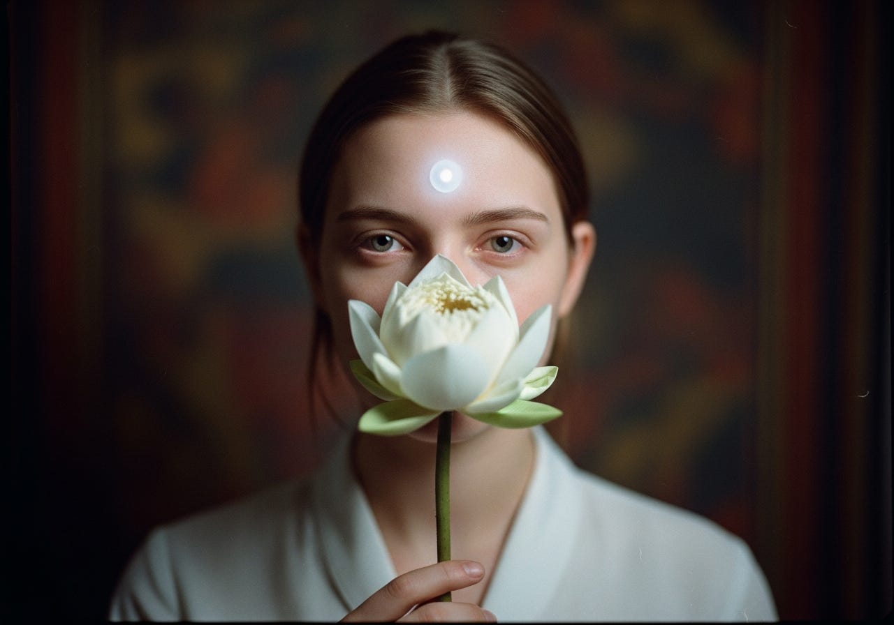 A photorealistic vintage portrait of a young woman with a forced, serene smile and subtly uneasy eyes, holding a white lotus flower that partially obscures her face, set against a softly blurred background with rich earth tones and rendered with a daguerreotype aesthetic, large format film, and high contrast lighting.