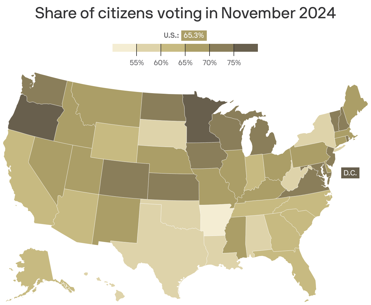 A choropleth map of the U.S. showing the share of citizens 18+ who voted in the November 2024 elections by state. Washington, D.C. leads at 79.5%, while Arkansas trails at 52.8%. The nationwide figure is 65.3%.