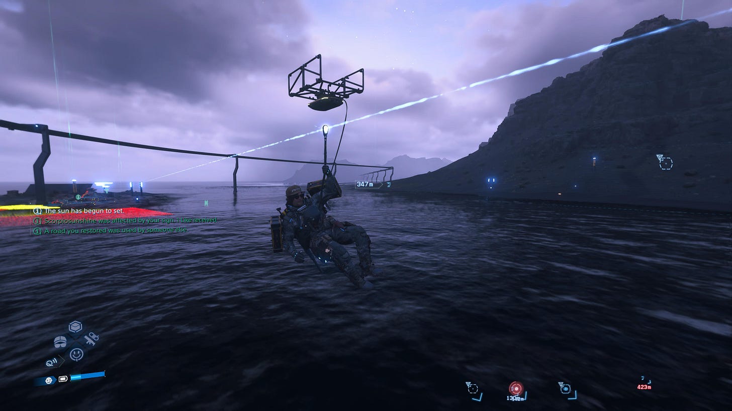 Sam rides a zip-line; a monorail track is visible in the distance.