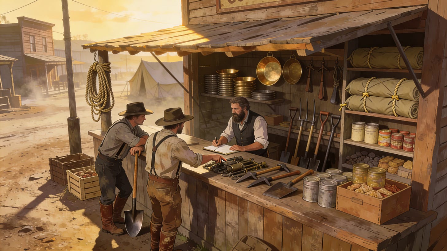 two miners at a hardware stall looking over mining gear including pans, pickaxes, and canned goods in a a Wild west town two miners at a hardware stall looking over mining gear including pans, pickaxes, and canned goods in a a Wild west town