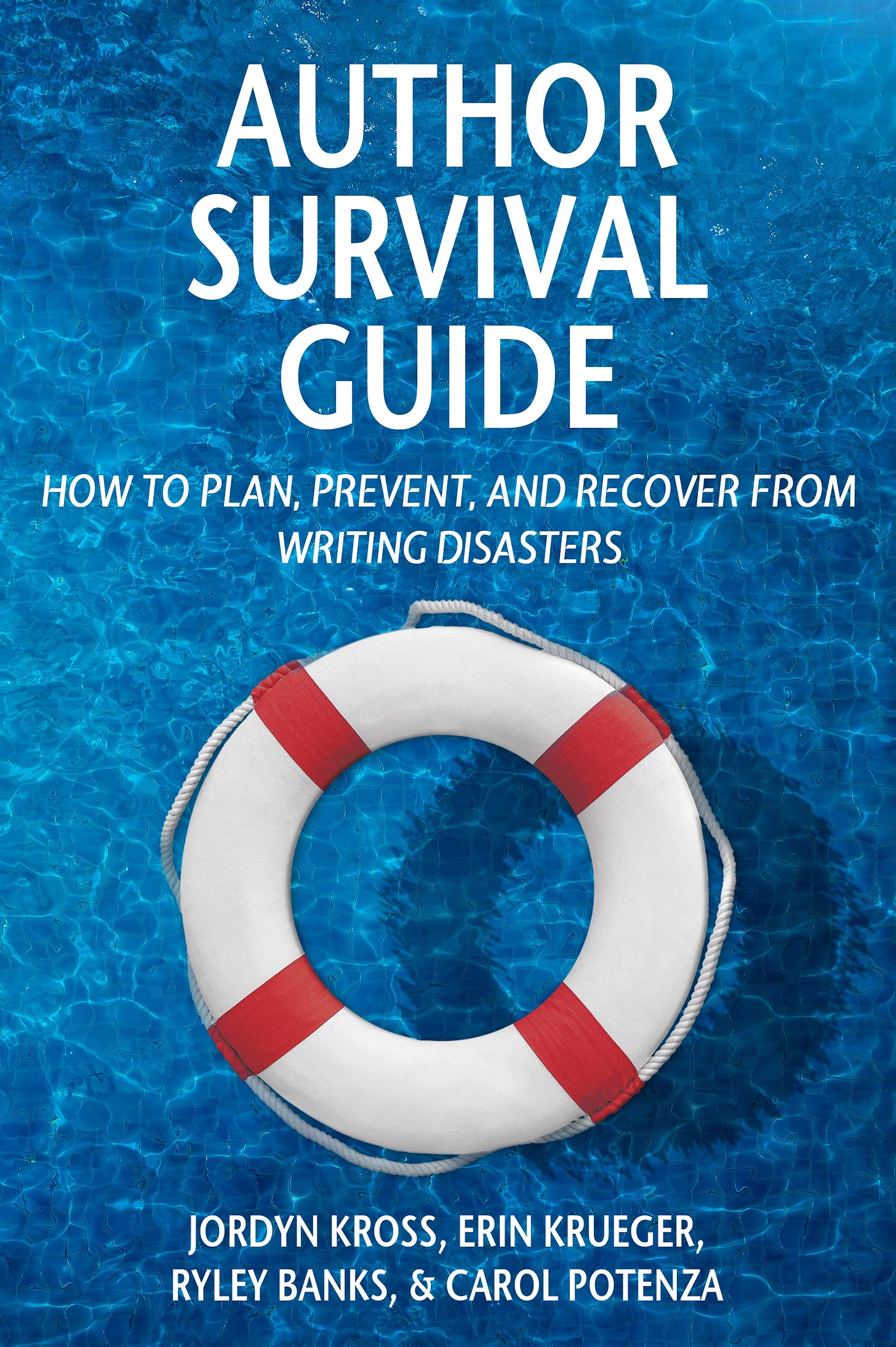 Author survival Guide with a white and red lifesaver floating on blue water