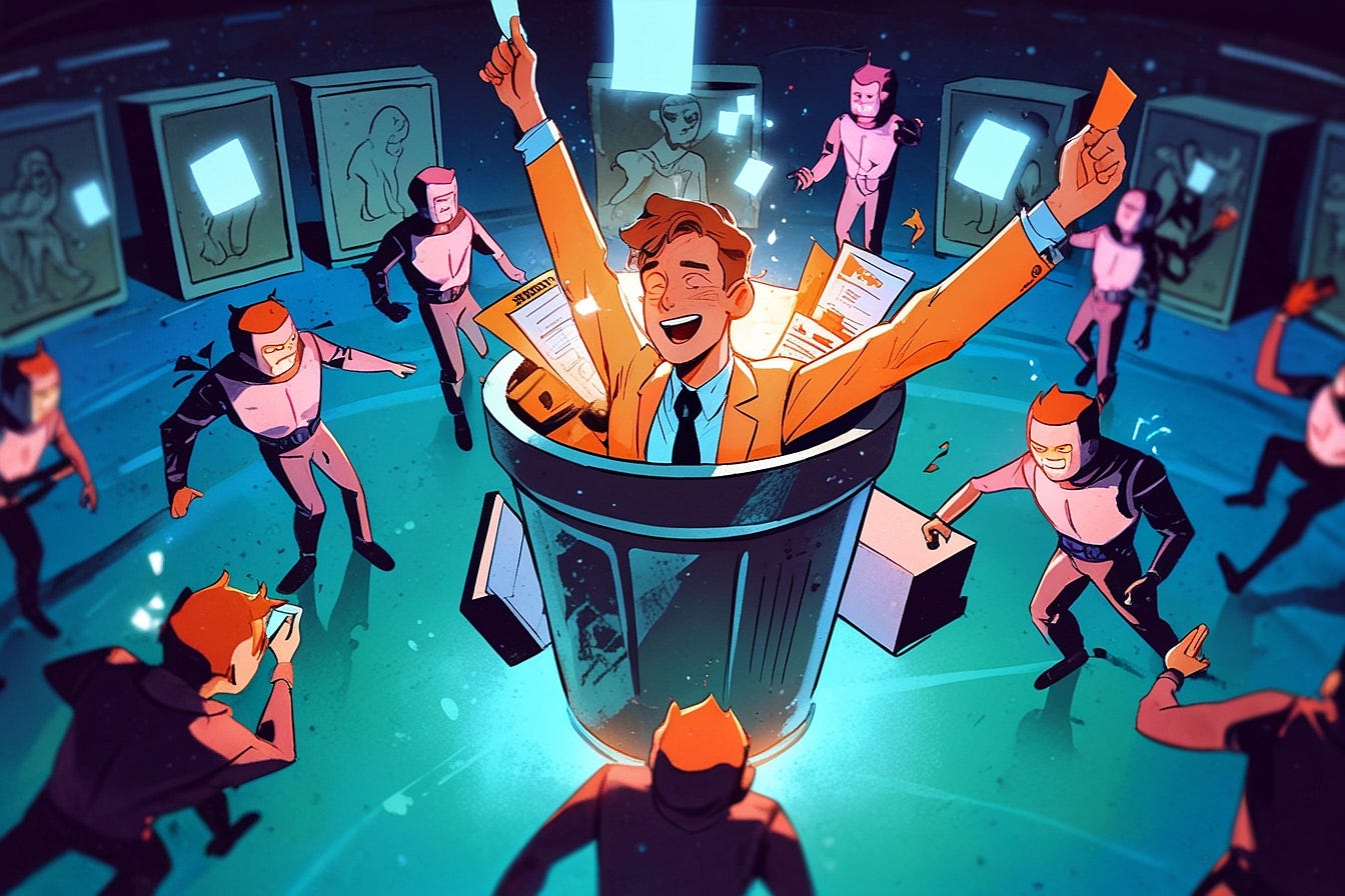 A confident software developer sitting at a single desk in the center, calmly conducting like an orchestra leader, surrounded by a glowing swarm of small friendly robot AI agents floating around him — each robot working on a different floating screen (code, UI, database, tests). To the side, a row of stiff identical suited "specialist" office workers, each holding a single tiny sign with one skill, getting swept into a recycling bin. A confident software developer sitting at a single desk in the center, calmly conducting like an orchestra leader, surrounded by a glowing swarm of small friendly robot AI agents floating around him — each robot working on a different floating screen (code, UI, database, tests). To the side, a row of stiff identical suited "specialist" office workers, each holding a single tiny sign with one skill, getting swept into a recycling bin.
