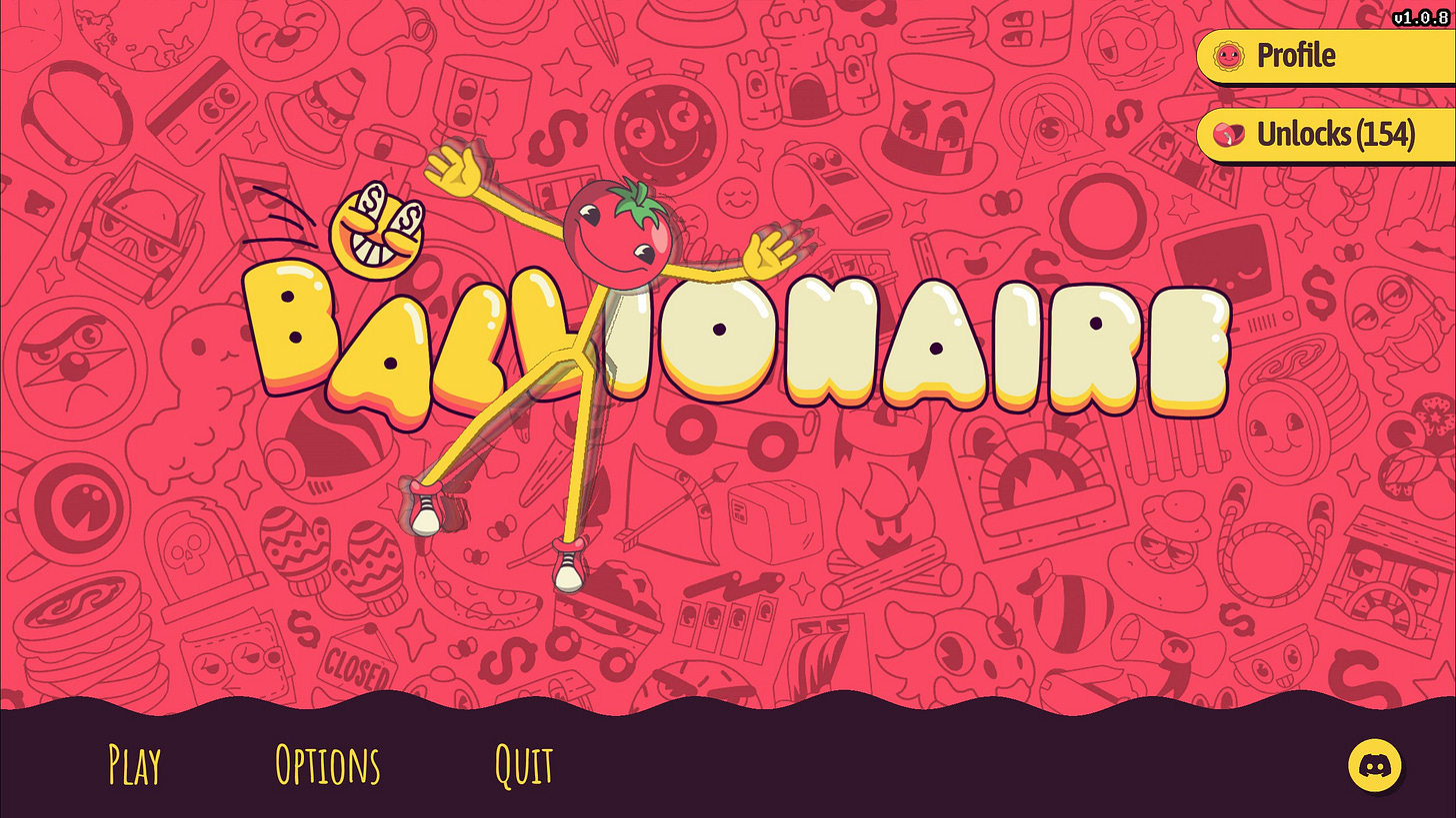 Ballionaire title screen, featuring a funny yellow stick guy dancing with a Tomato for a head.
