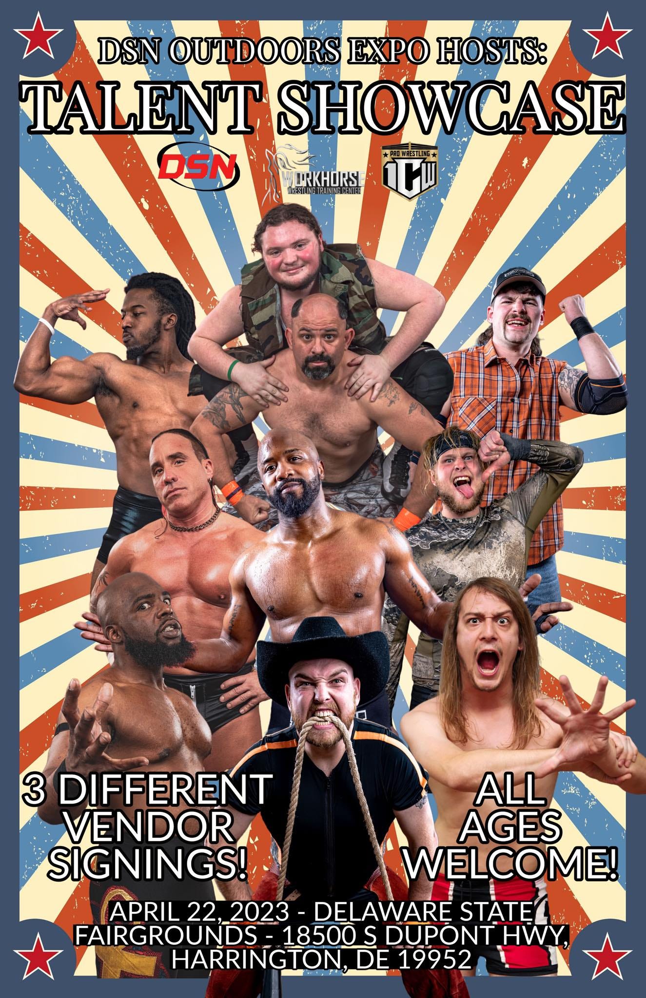 May be an image of 5 people and text that says 'DSN OUTDOORS EXPO HOSTS: TAL TALENT SHOWCASE OSN C ORKHORSE 3 DIFFERENT ALL VENDOR AGES SIGNINGS! WELCOME! APRIL 22, 2023 DELAWARE STATE FAIRGROUNDS- 18500 S DUPONT HWY, HARRINGTON DE 19952'