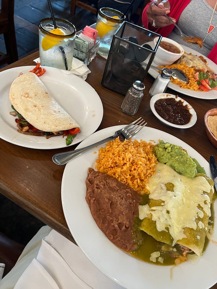 scenes from SA. Mexican food at Paloma Blanca. Flour tortillas at HEB. Courtyard at the McNay. Art by Letitia Huckaby.