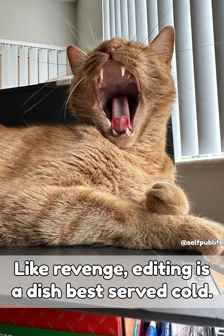 Orange tabby cat sitting on laptop with mouth wide open with caption, "Like revenge, editing is a dish best served cold."