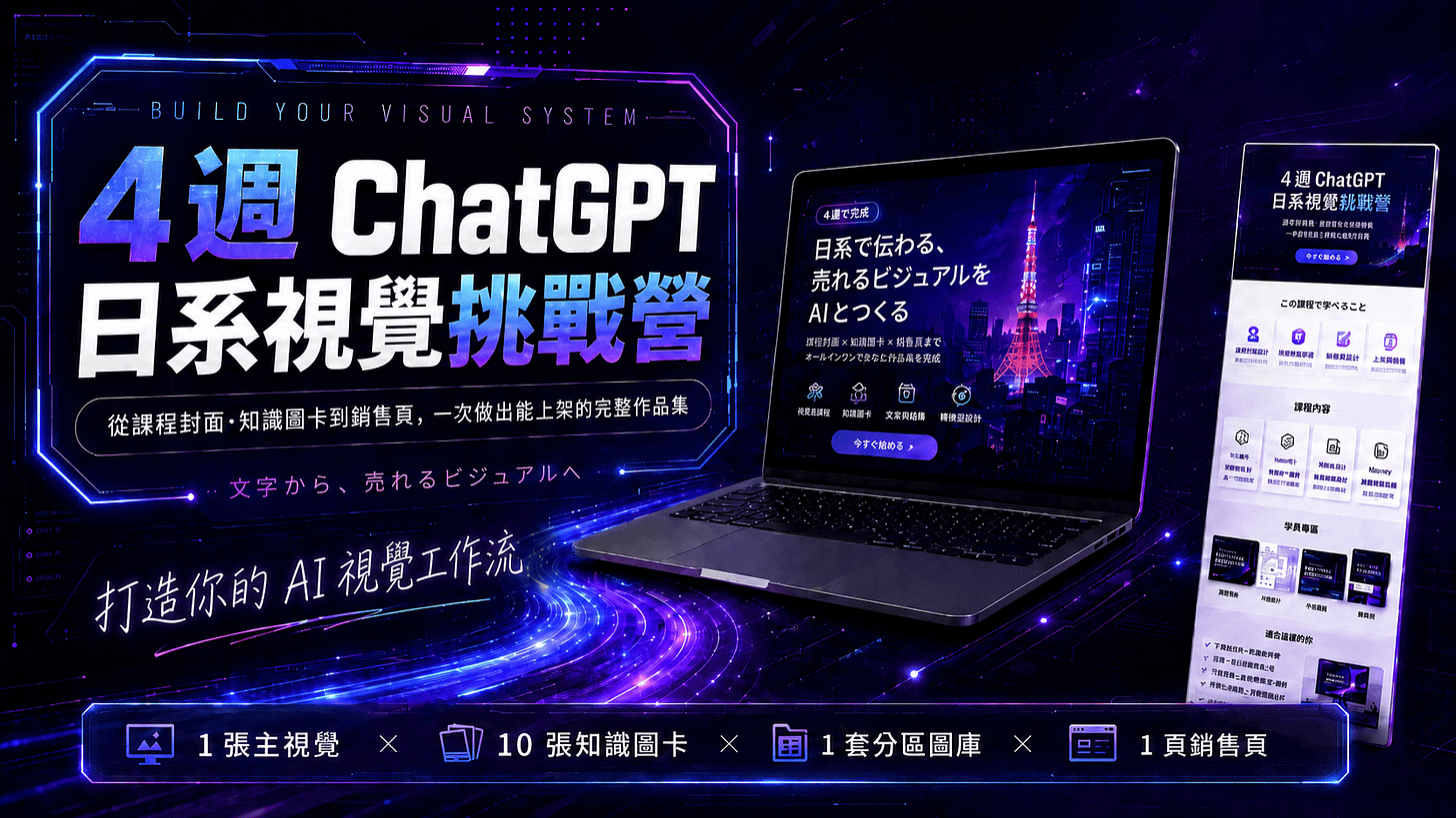  四週 ChatGPT 日系視覺挑戰營： 1 張課程銷售頁主視覺 × 10 張知識圖卡 × 1 套銷售頁分區圖庫 × 1 頁可以公開的課程銷售頁 