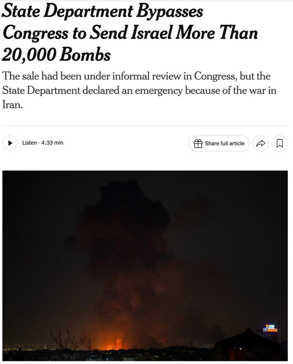 NEW: The Trump administration declared an emergency over Iran to bypass  Congress to sell more than 20,000 bombs to Israel valued at $660 million.  The State Dept. hasn't publicly disclosed the sale