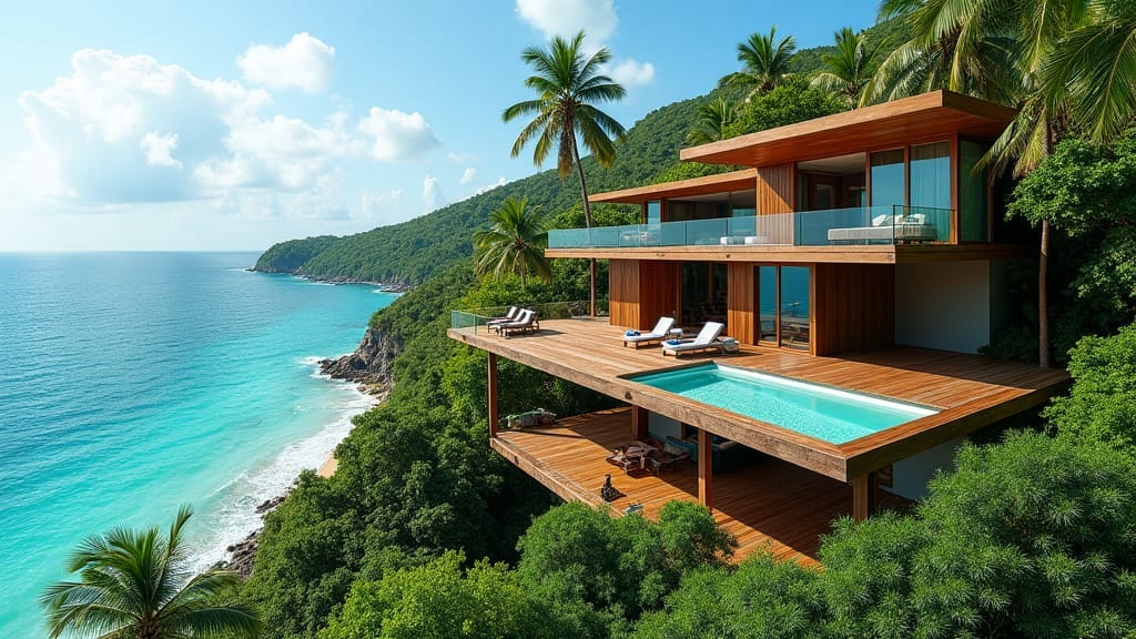 Stunning modern Jamaican villa perched on a lush cliffside, cascading water features and infinity pool blending seamlessly into the turquoise Caribbean Sea, surrounded by swaying palm trees and vibrant tropical flora, with a sleek, minimalist architecture reminiscent of the works of Alberto Campo Baeza, the vibrant colors and textures of David Hockney's landscapes, and the organic, curvilinear forms of Santiago Calatrava's designs.