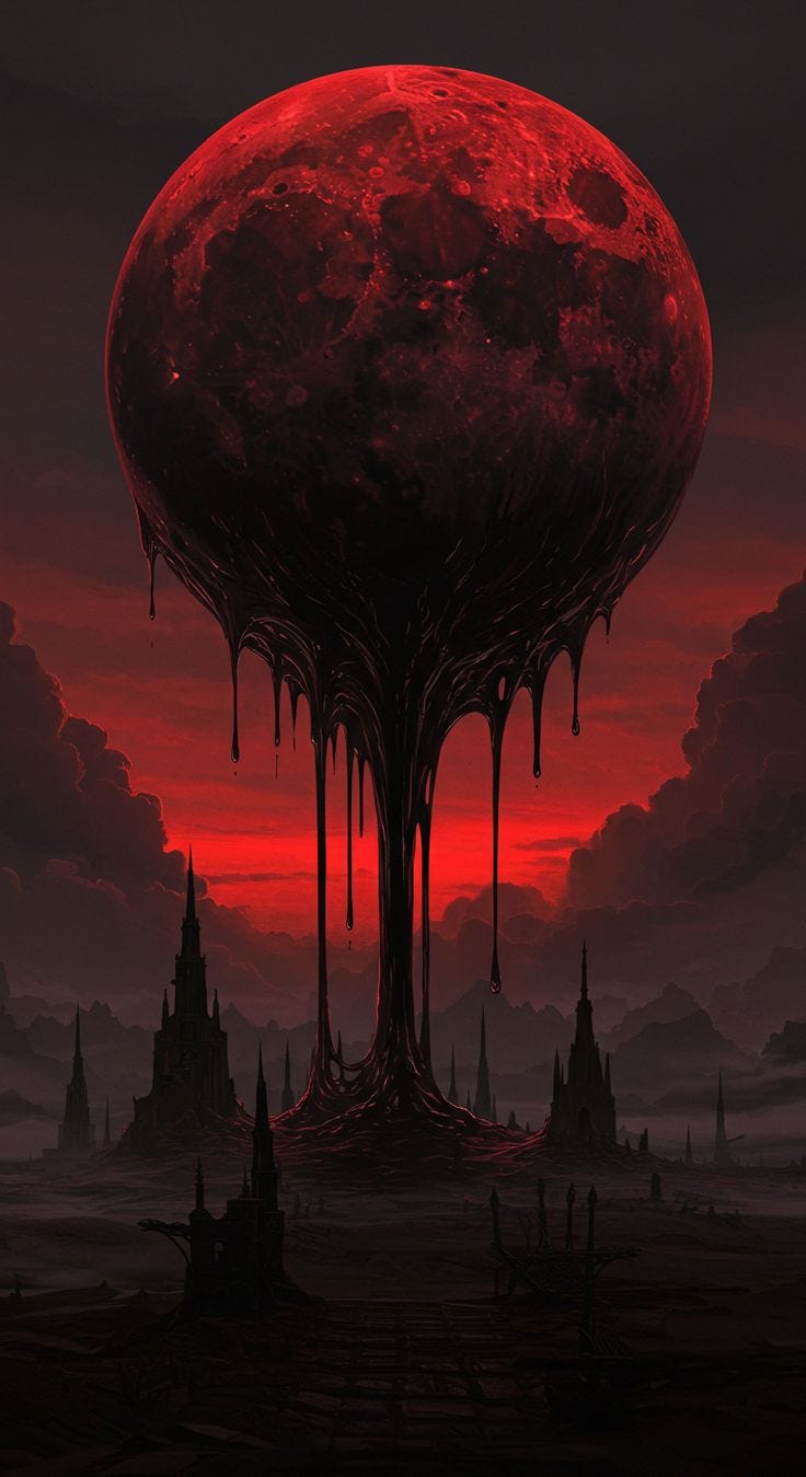 This may contain: an alien landscape with blood dripping from the trees and giant red moon in the background