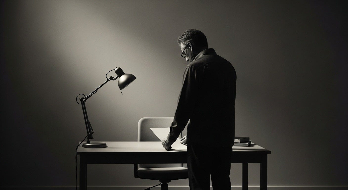 A person standing at a desk under a single lamp, looking down at a blank sheet of paper in a minimal, dimly lit room.
