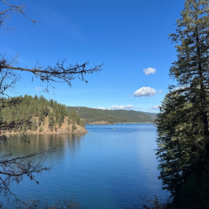 State line sign in Idaho and pictures of lake Coeur D'Alene with water and trees