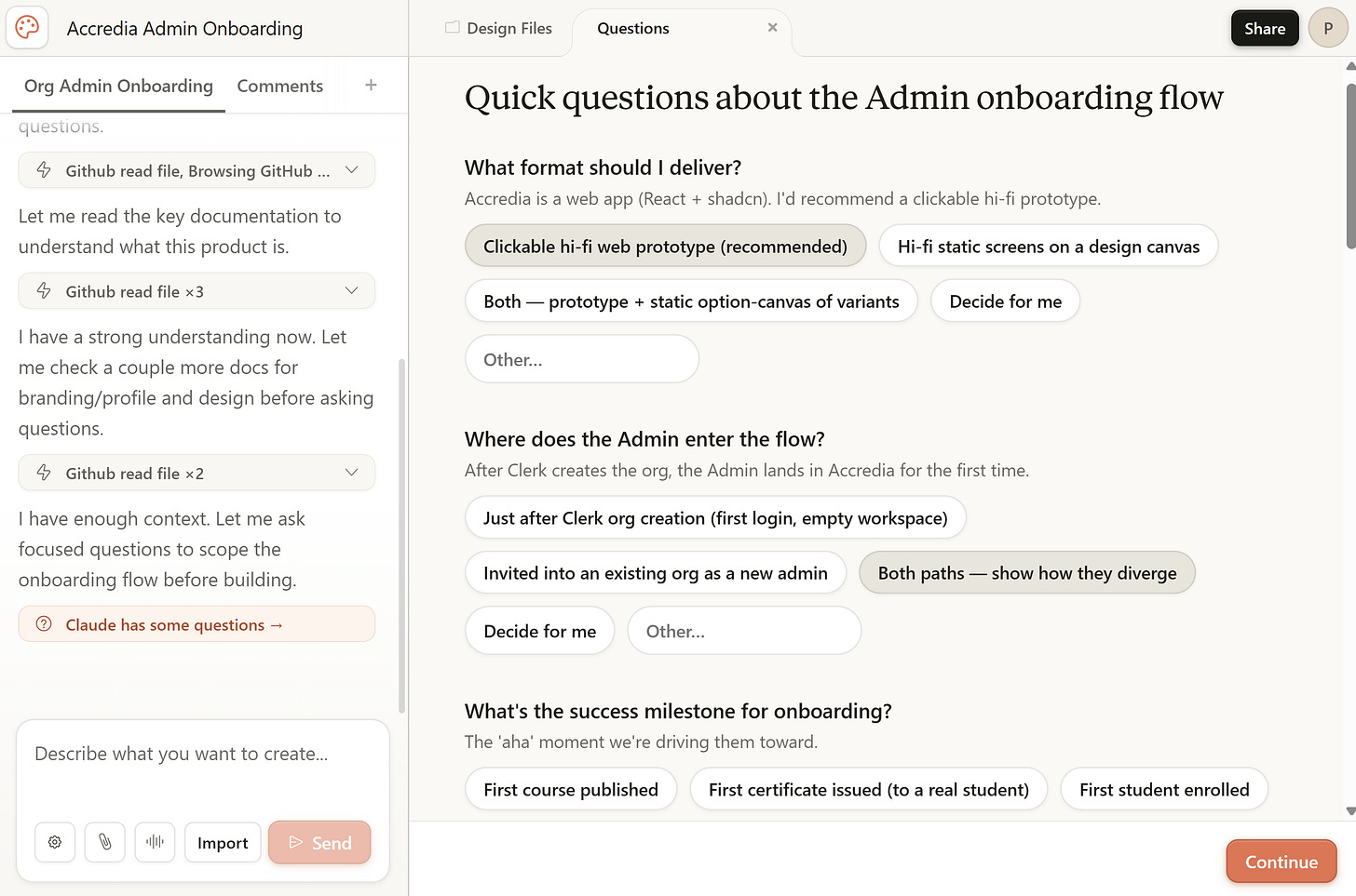 Claude Design: Questions asked by the agent