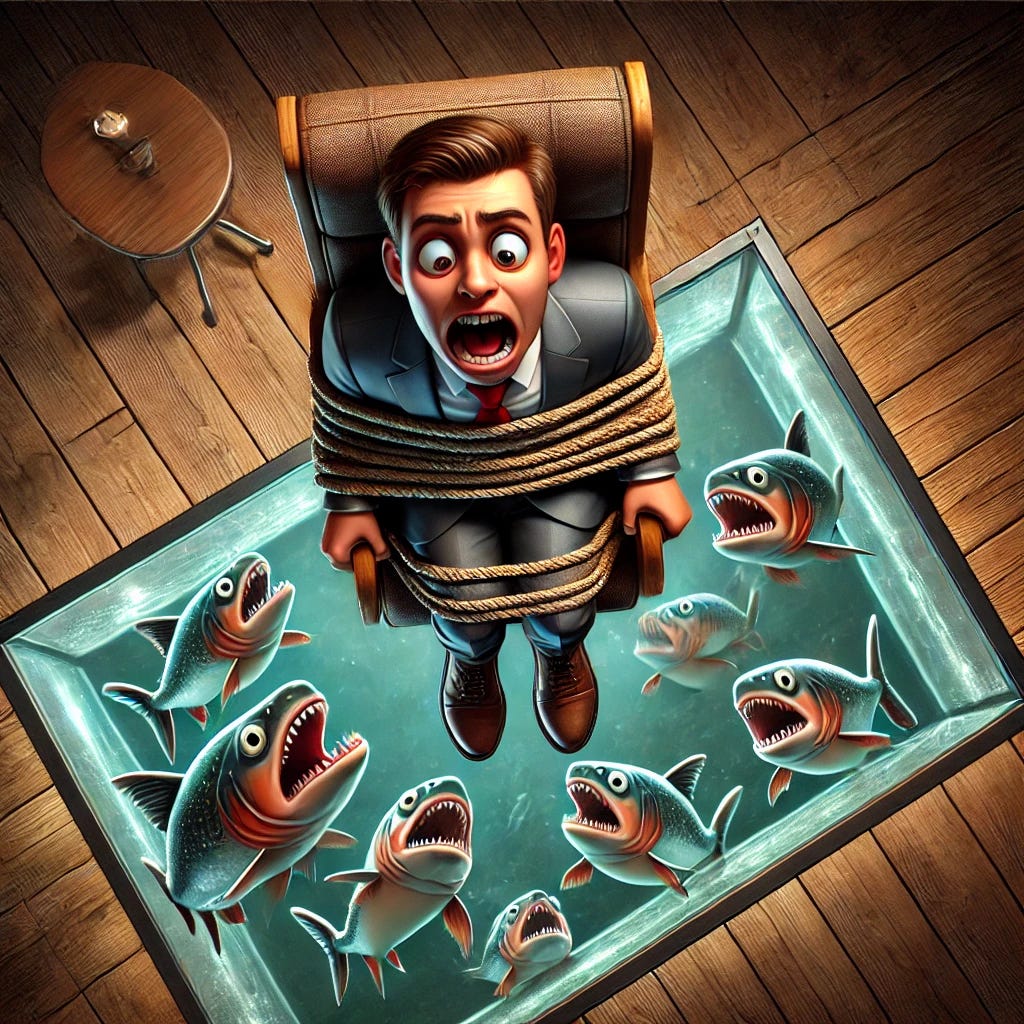 A top-down view of a cartoon-style investor tied to a chair, looking terrified as he is about to be dropped into a tank filled with piranhas. The tank below him has transparent glass, clearly showing the cartoonish piranhas swimming aggressively. The investor's exaggerated expression shows fear and desperation, and the setting is dimly lit to enhance the dramatic and intense atmosphere, but with a slightly humorous, cartoonish twist.