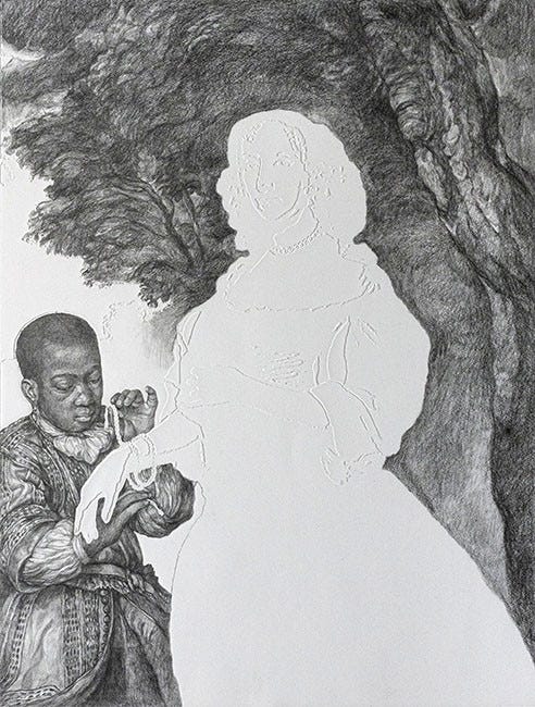 A modern interpretation of an eighteenth century painting, part of the Vanishing Point series by Barbara Walker. In these works, the lone Black figure who is usually a servant or enslaved, is presented as a detailed graphite drawing, while all of the White European aristocrats are transformed into a plain white embossing along with the background. A modern interpretation of an eighteenth century painting, part of the Vanishing Point series by Barbara Walker. In these works, the lone Black figure who is usually a servant or enslaved, is presented as a detailed graphite drawing, while all of the White European aristocrats are transformed into a plain white embossing along with the background.