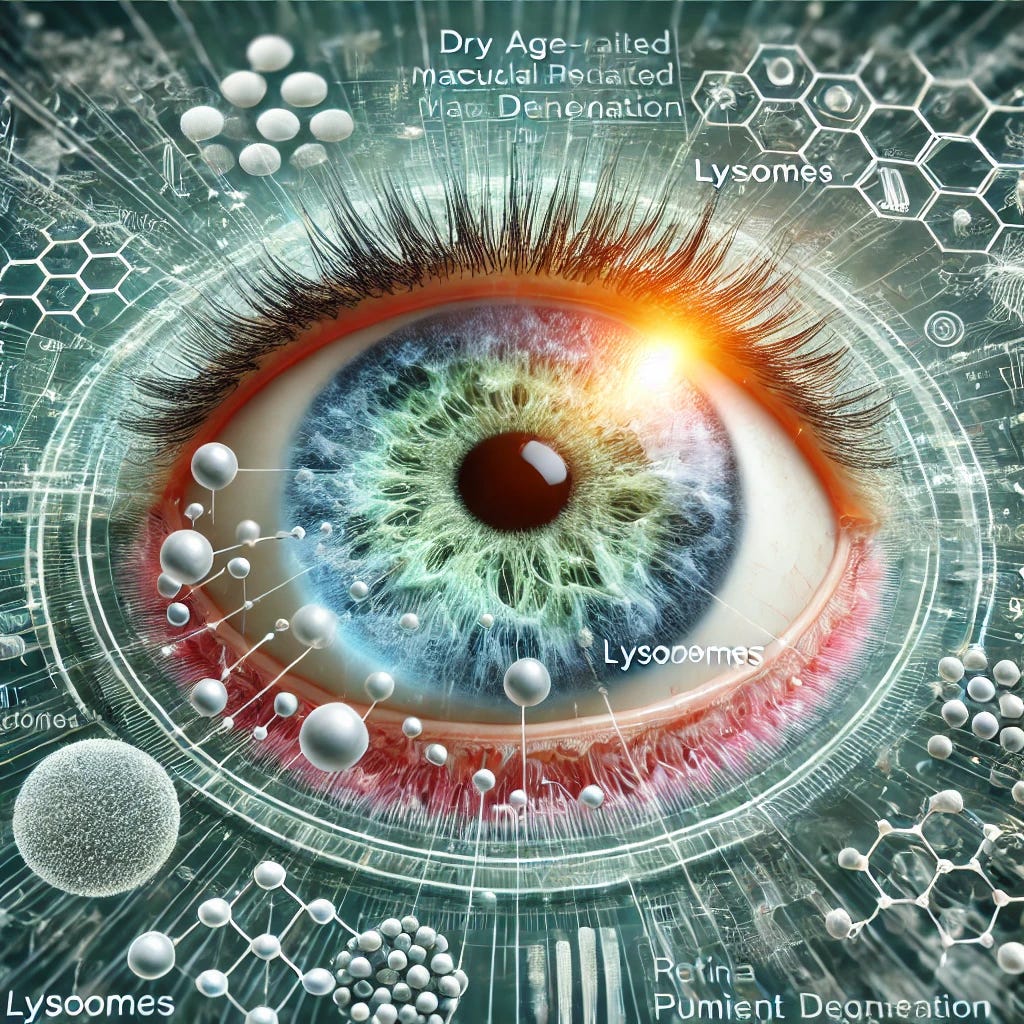 A detailed, futuristic image showing an eye with a glowing retina, highlighting cellular structures like lysosomes and retinal pigment epithelium (RPE) cells. The background features a blend of scientific diagrams and abstract representations of cellular processes, symbolizing the breakthrough in understanding dry age-related macular degeneration (AMD). Use colors like blue and green for a scientific and clean look. Ensure there are no alphabets or numbers in the picture.