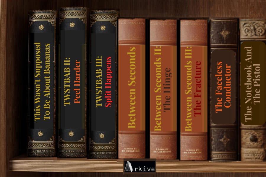 Eight vintage book spines on a wooden shelf above an Arkive nameplate