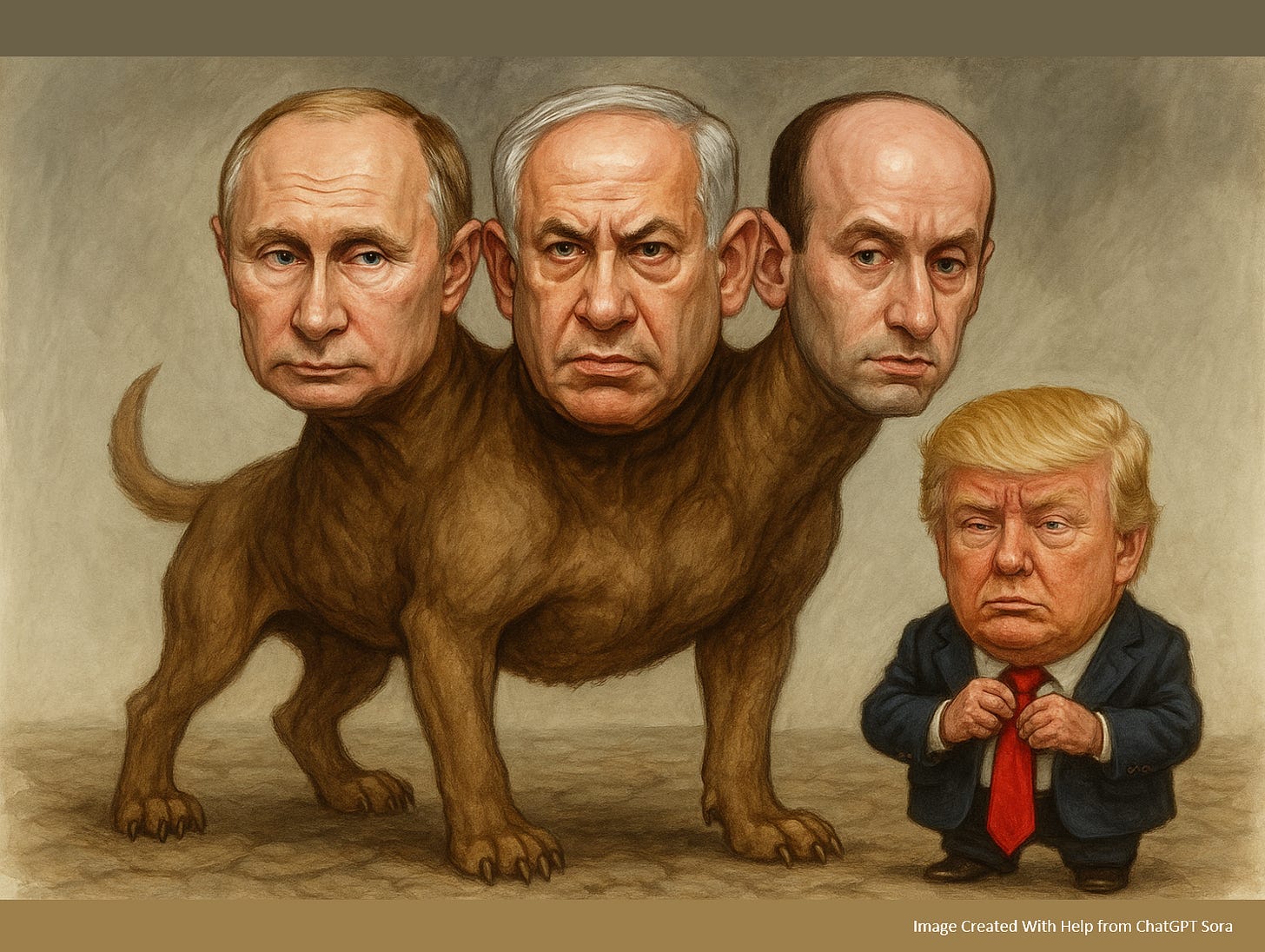 Picture of Donald Trump standing in front of a giant Cerberus with the heads of Vladmir Putin, Benjamin Netanyahu, and Stephen Miller.