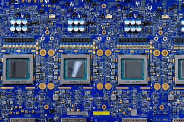 A row of square chips on a blue circuit board. The chips are labeled “Trillium TPU.”