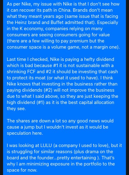 George's reply on Nike — eroding China position, an unsustainable dividend, and why a bounce would be speculation not a thesis. George's reply on Nike — eroding China position, an unsustainable dividend, and why a bounce would be speculation not a thesis.