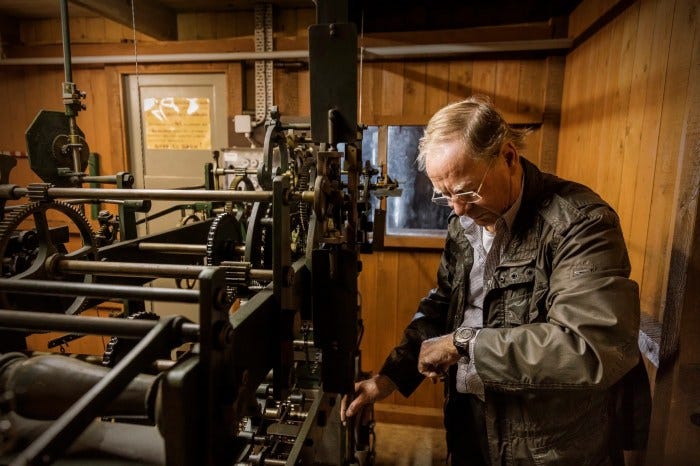 Sjef Grönefeld maintaining the clock in the basilica in Oldenzaal. Photo courtesy of the Grönefeld brothers. Sjef Grönefeld maintaining the clock in the basilica in Oldenzaal. Photo courtesy of the Grönefeld brothers.