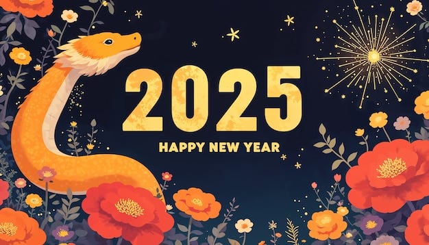 2025 Happy New Year, illustration with snake, flowers and fireworks for Chinese New Year