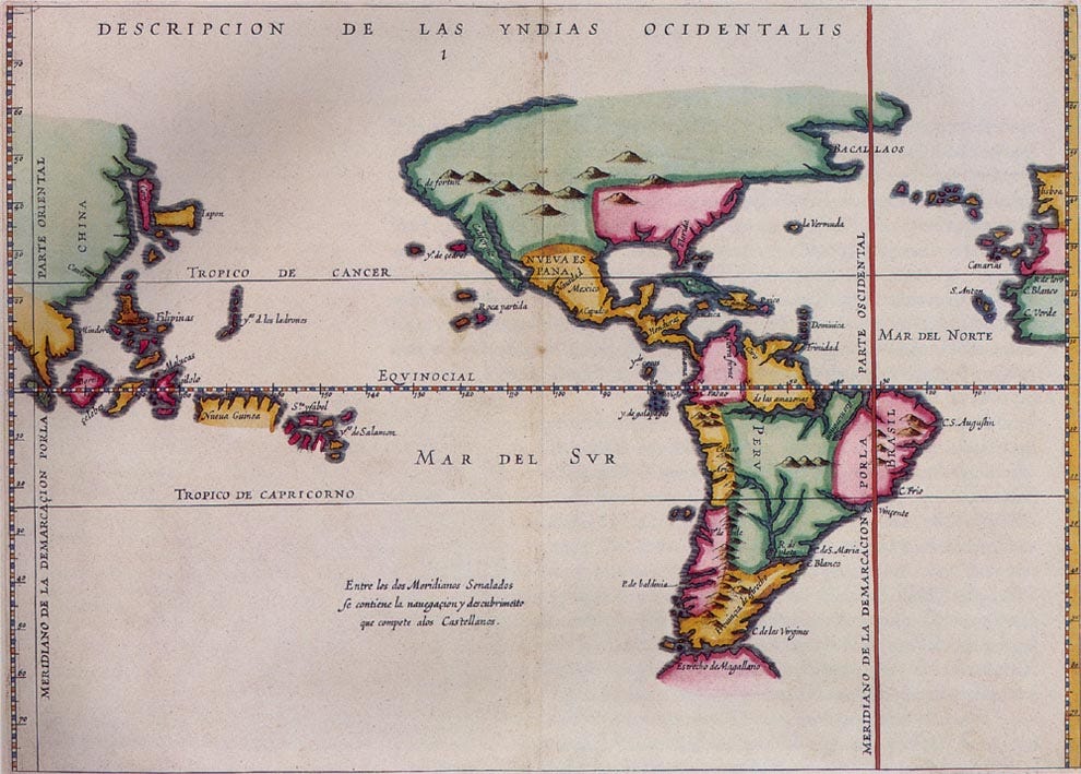 Map from 1494 illustrating the division of the New World between Spain and Portugal Map from 1494 illustrating the division of the New World between Spain and Portugal