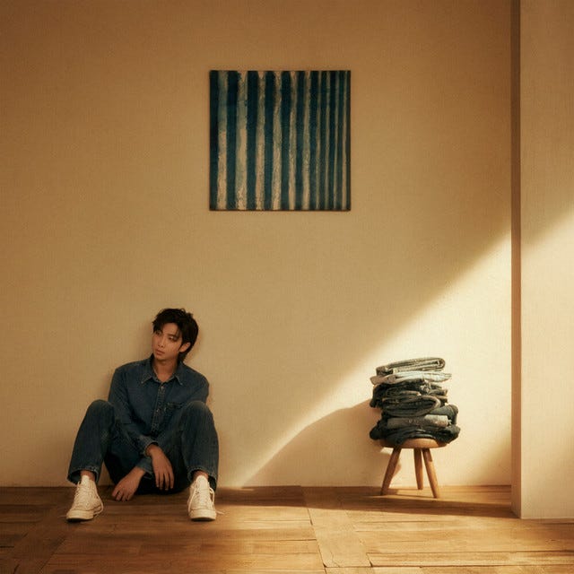RM on the cover of his album Indigo. Indigo album with white background and black text with flower shadows on it.